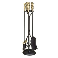 Black & Antique Brass Plated 4 Piece  Fireplace Tool Set